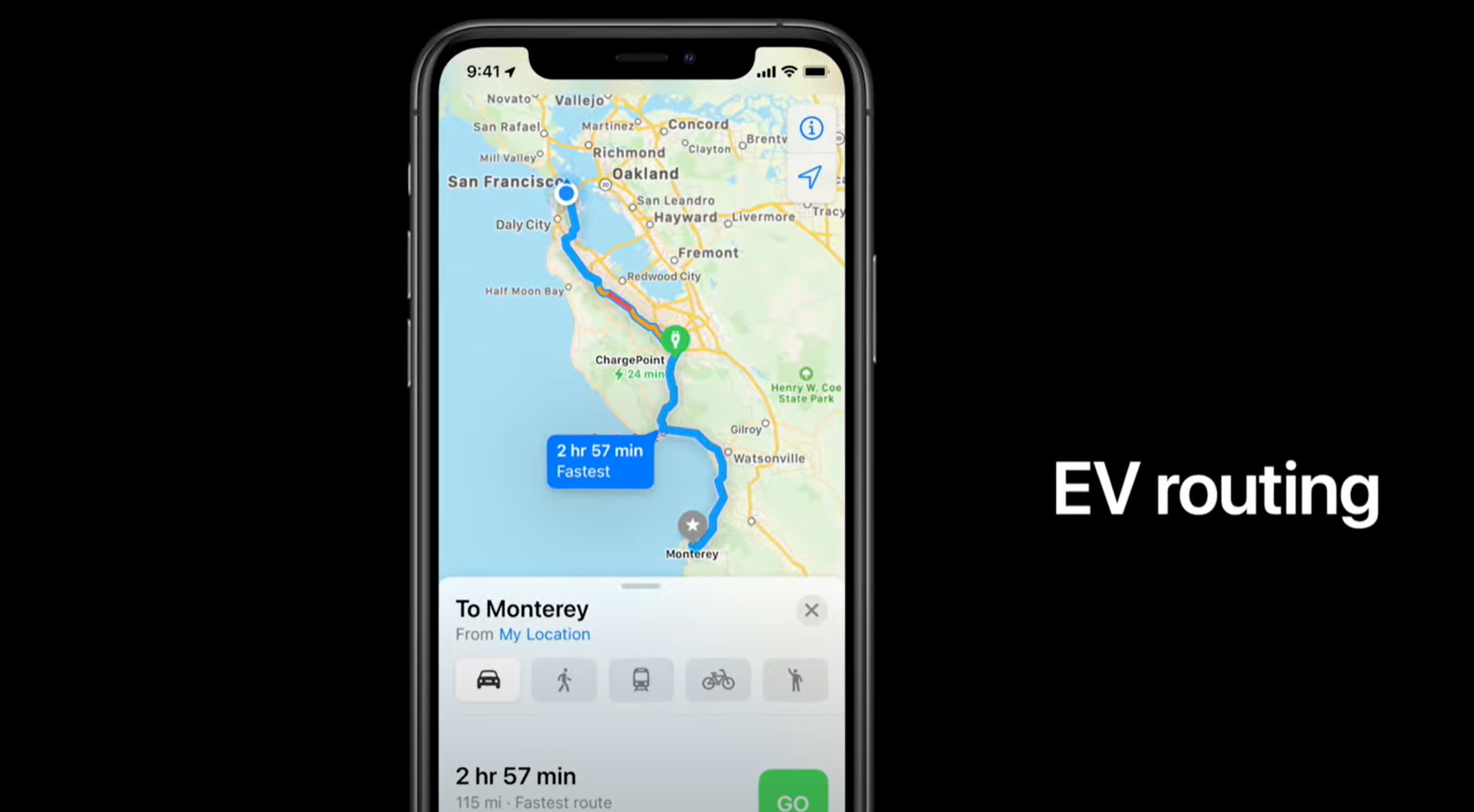 Elbil rute Apple Maps
