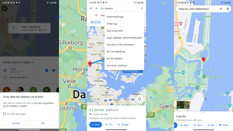 Trygt og praktisk at dele placering eller ruteplan i Google Maps