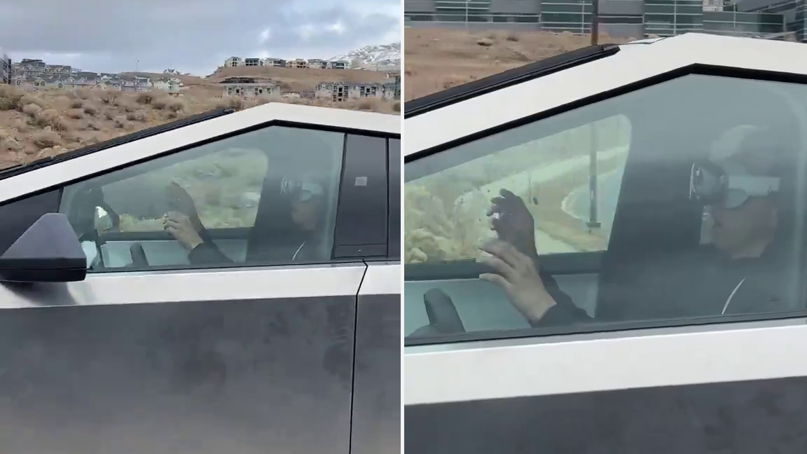 Mand kører Cybertruck, mens han bruger Apple Vision Pro
